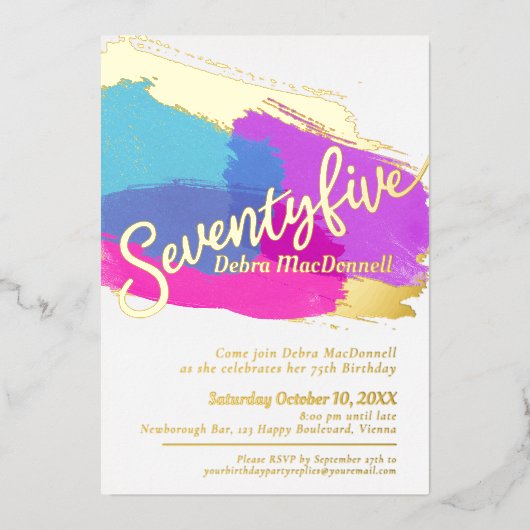 75th誕生日パーティー金ゴールド写真明るい抽象芸術アート 箔招待状 (正面)