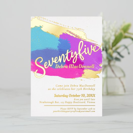 75th誕生日パーティー金ゴールド写真明るい抽象芸術アート 箔招待状 (立ち正面)