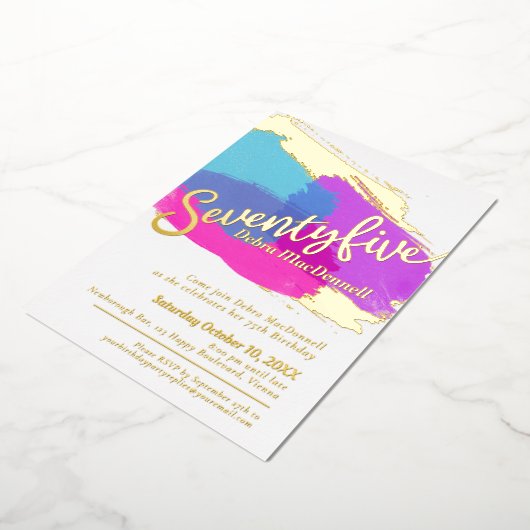 75th誕生日パーティー金ゴールド写真明るい抽象芸術アート 箔招待状 (回転した状態)