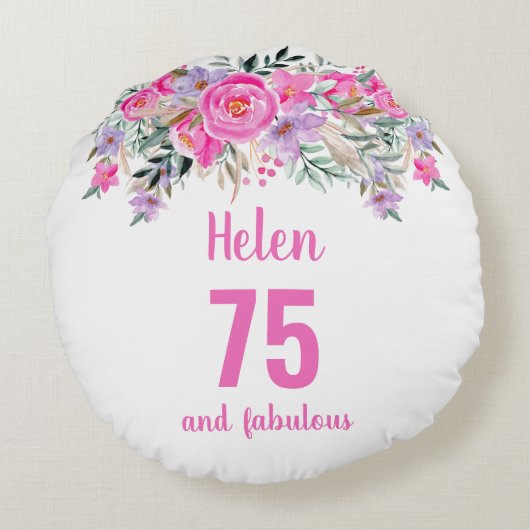 75th誕生日ピンクフローラ名ラウンドピロー ラウンドクッション (裏面)
