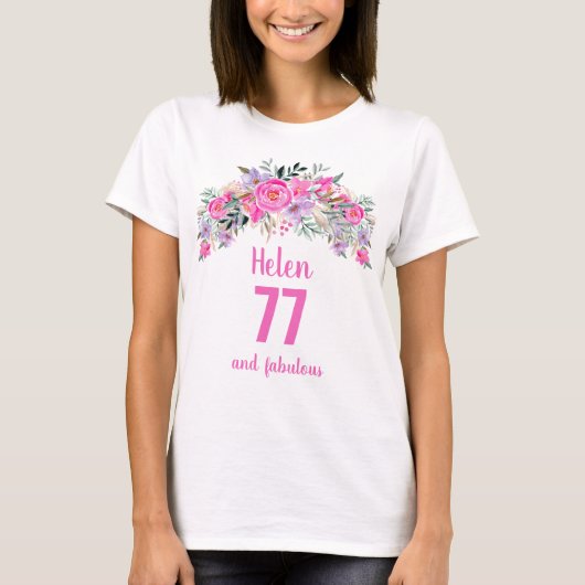 75th誕生日ピンクフローラ名 tシャツ (正面)