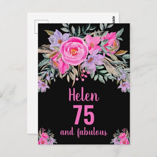 75th誕生日ブラックピンクウォーターフローラカード ポストカード (正面/裏面)