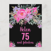 75th誕生日ブラックピンクウォーターフローラカード ポストカード (正面)
