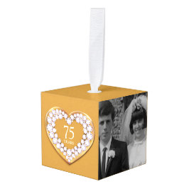 75th金ゴールドダイヤモンド記念日ハート今すぐ写真 キューブオーナメント