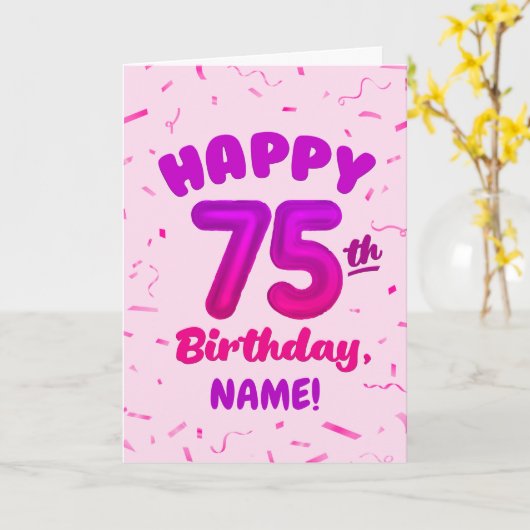 75th Birthday, Balloon Number, Customizable Name カード (黄色い花)