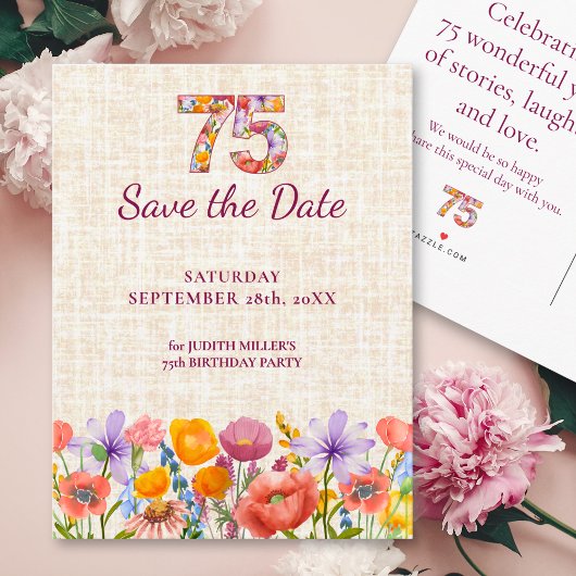 75th Birthday Flowers - 75 Elegant Save the Date 案内ポストカード