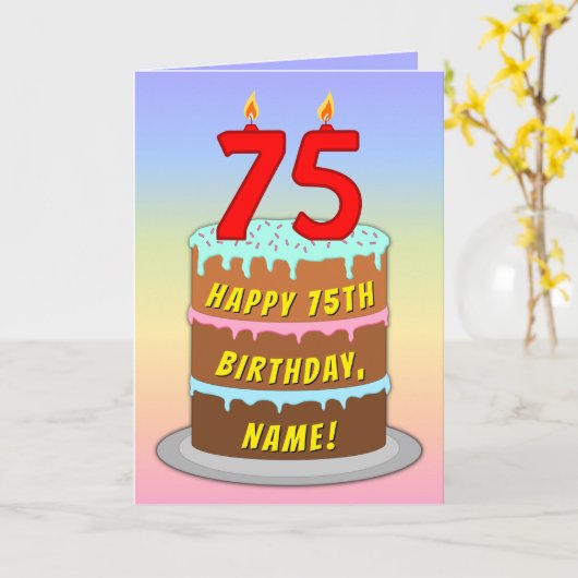 75th Birthday — Fun Cake & Candles, w/ Custom Name カード (黄色い花)