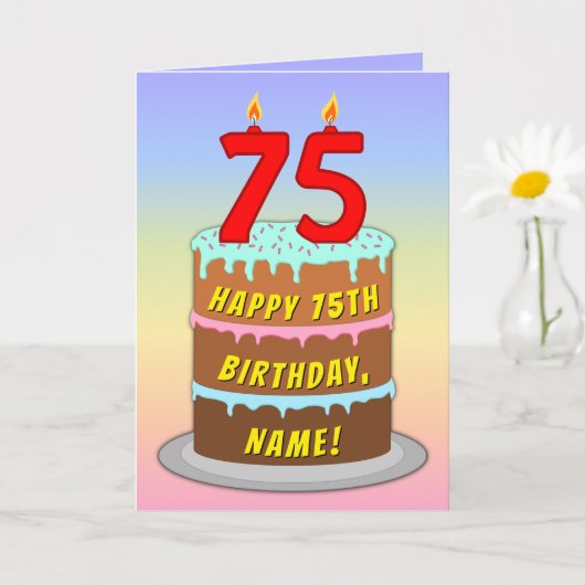 75th Birthday — Fun Cake & Candles, w/ Custom Name カード (小さな植物)