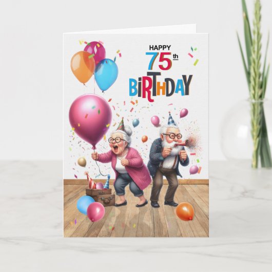 75th Birthday Funny Old Man and Woman Balloons カード (正面)