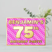 75th Birthday Party —おもしろいピンクのハートとストライプ 箔招待状 (立ち正面)