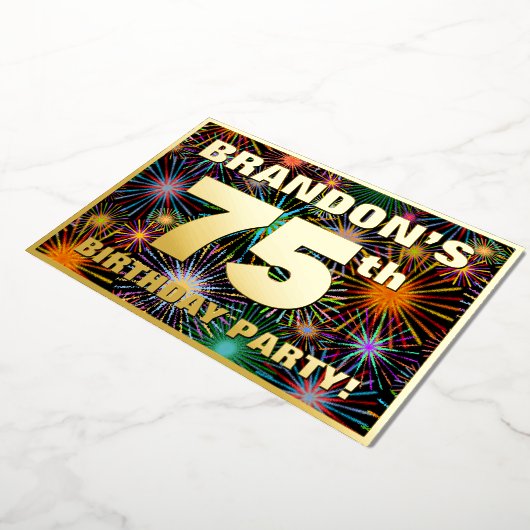 75th Birthday Party —おもしろい、カラフルFireworks Look 箔招待状 (回転した状態)