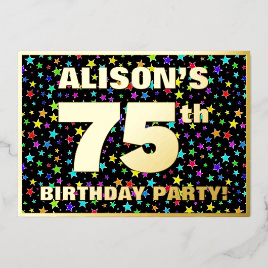 75th Birthday Party —おもしろい、スターカラフルズ・パターン 箔招待状 (正面)