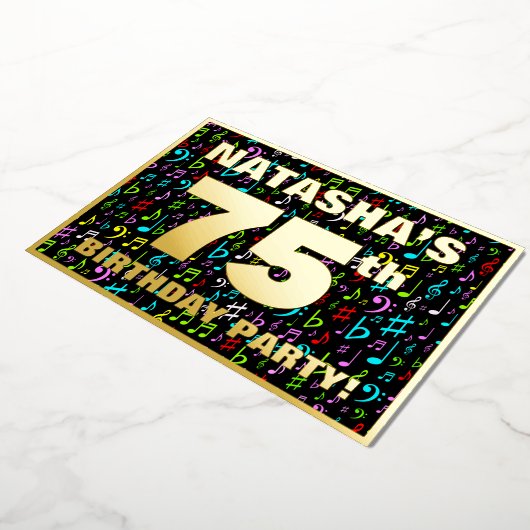 75th Birthday Party —おもしろい、音楽カラフル記号 箔招待状 (回転した状態)