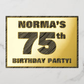 75th Birthday Party — はっきりしたWood Grainフェイク文字 箔招待状 (正面)