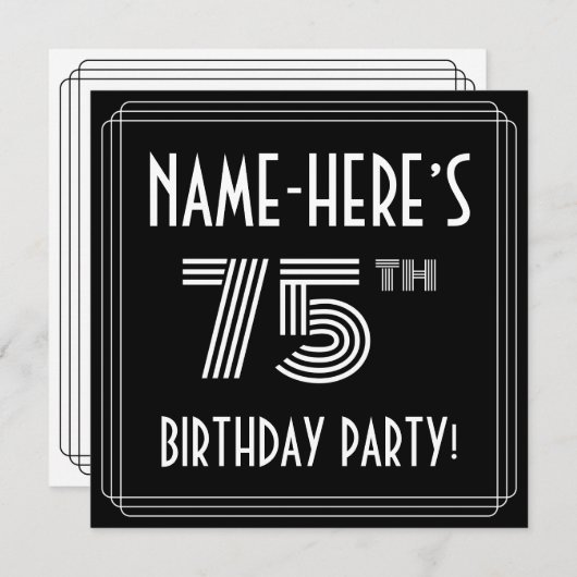 75th Birthday Party:アールデコスタイル(名前をカスタムする付) 招待状 (正面/裏面)