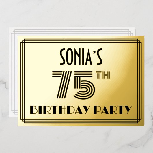 75th Birthday Party —アールデコスタイル「75」 & Name 箔招待状 (正面/裏面)