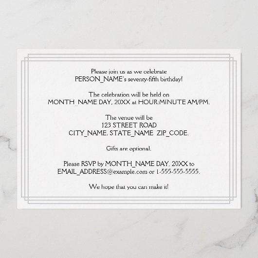 75th Birthday Party —アールデコ検索「75」 +名前 箔招待状 (裏面)