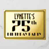75th Birthday Party:アールデコ「75」と名前 箔招待状 (正面)