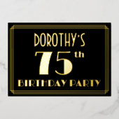 75th Birthday Party:アールデコ「75」、名前つき 箔招待状 (正面)