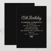75th Birthday Party Black White Pearl Script Bow 招待状 (正面/裏面)