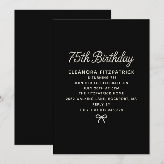 75th Birthday Party Black White Pearl Script Bow 招待状 (正面/裏面)