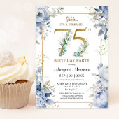 75th Birthday Party Elegant Dusty Blue Floral 招待状