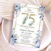 75th Birthday Party Elegant Dusty Blue Floral 招待状