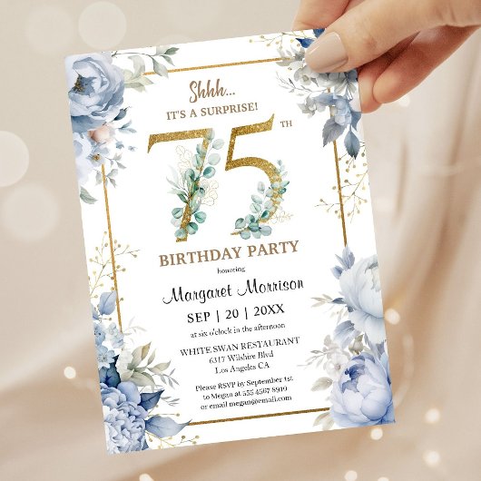 75th Birthday Party Elegant Dusty Blue Floral 招待状