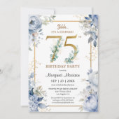 75th Birthday Party Elegant Dusty Blue Floral 招待状 (正面)