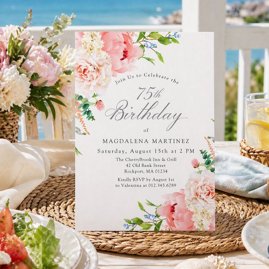 75th Birthday Party Feminine Pink Roses Floral 招待状