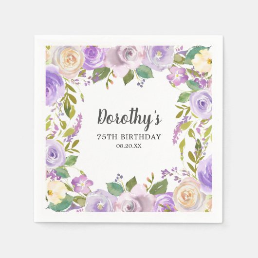 75th Birthday Party Purple Floral Monogram  スタンダードカクテルナプキン (正面)