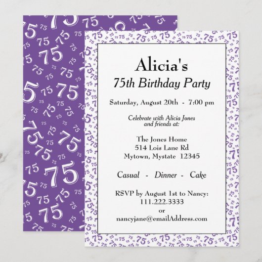 75th Birthday Party Purple/White Number Pattern 招待状 (正面/裏面)
