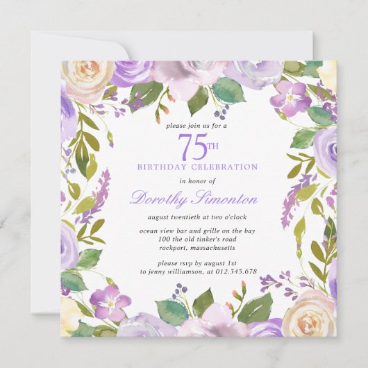 75th Birthday Pretty Purple Floral Invitation 招待状 (正面)
