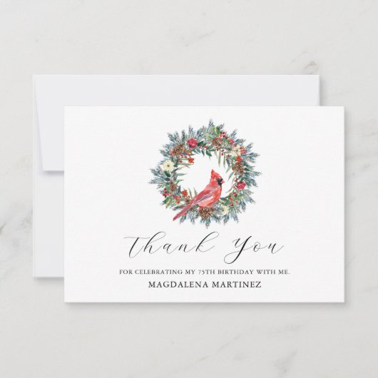 75th Birthday Red Cardinal Wreath Custom Flat サンキューカード (正面)