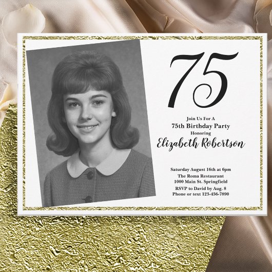 75th Custom Photo White and Gold 招待状