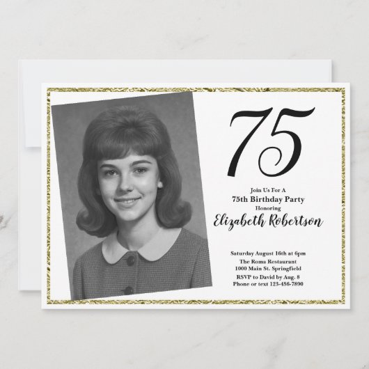 75th Custom Photo White and Gold 招待状 (正面)