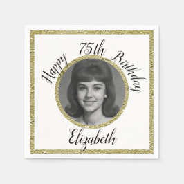 75th Custom Photo White and Gold Birthday スタンダードカクテルナプキン