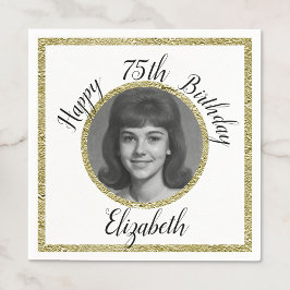 75th Custom Photo White and Gold Birthday スタンダードカクテルナプキン