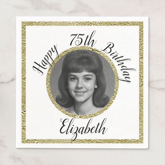 75th Custom Photo White and Gold Birthday スタンダードカクテルナプキン