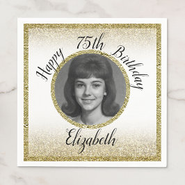 75th Custom Photo White and Gold Birthday スタンダードカクテルナプキン