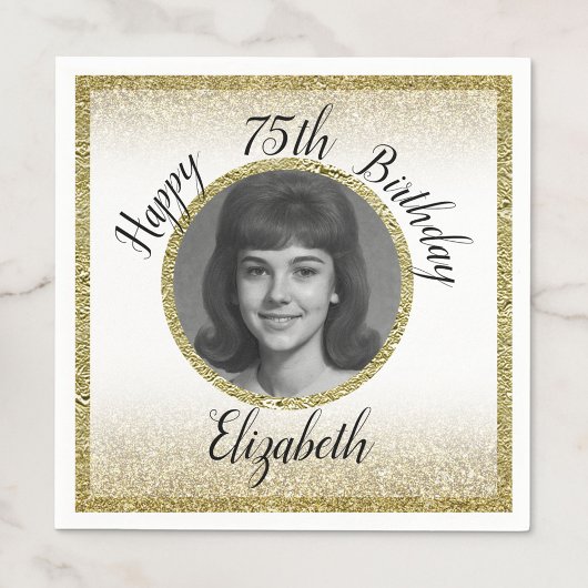 75th Custom Photo White and Gold Birthday スタンダードカクテルナプキン