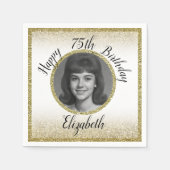 75th Custom Photo White and Gold Birthday スタンダードカクテルナプキン (正面)