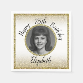 75th Custom Photo White and Gold Birthday スタンダードカクテルナプキン