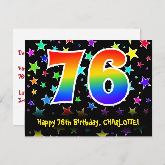 76歳の誕生日おめでとう：楽しいスターパターン、虹76、名前 ポストカード (正面/裏面)