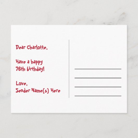 76歳の誕生日おめでとう:楽しいスターパターン、虹76、名前 ポストカード (裏面)