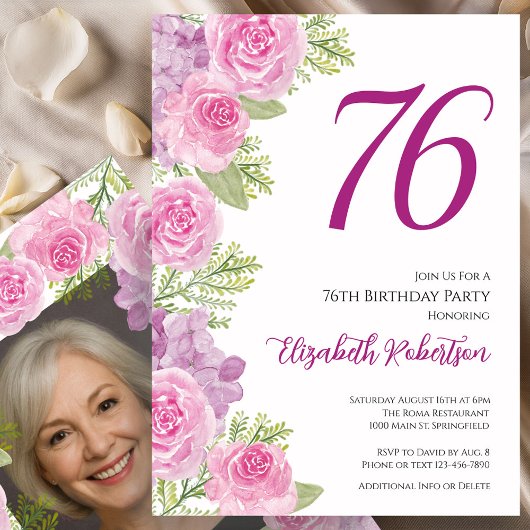 76歳の誕生日を祝うカスタムフォトテンプレート ピンクのバラ 招待状