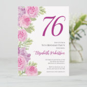 76歳の誕生日を祝うカスタムフォトテンプレート ピンクのバラ 招待状 (スタンド正面)