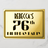 76歳の誕生日パーティー:アールデコ調の「76」と名前 箔招待状 (正面)