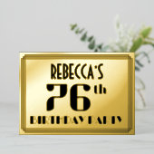 76歳の誕生日パーティー:アールデコ調の「76」と名前 箔招待状 (立ち正面)