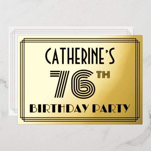 76歳の誕生日パーティー - アールデコ調「76」と名前 箔招待状 (正面/裏面)